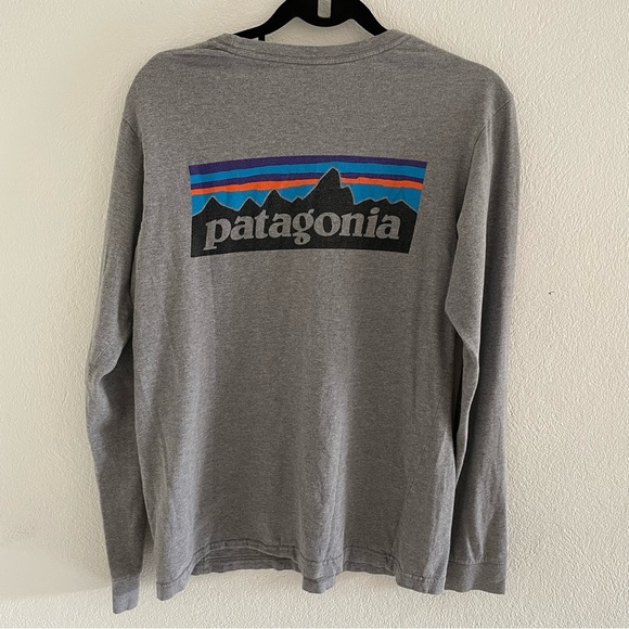 Patagonia Men's Cotton Gray Spell Out Logo Print Long Sleeve T Shirt Size Small - Picture 2 of 7